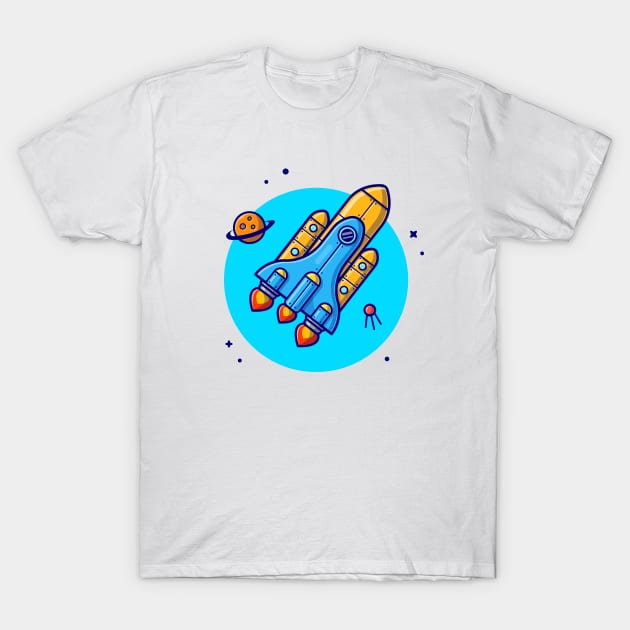 Space Shuttle Flying with Planet and Satellite Cartoon Vector Icon Illustration T-Shirt by Catalyst Labs